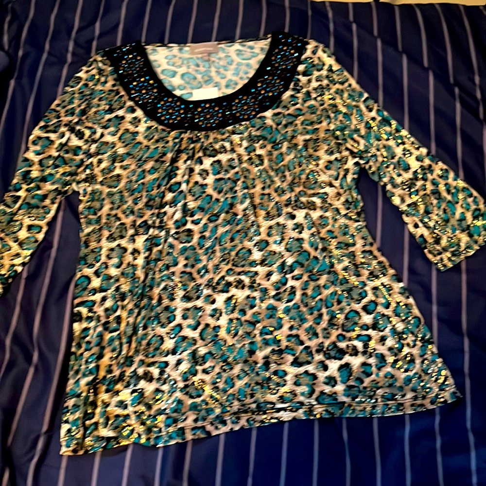 NWT teal and cheetah print blouse size OX